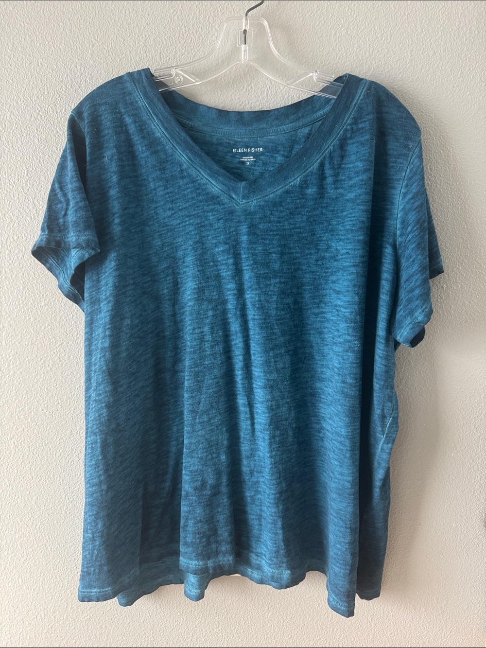 Eileen Fisher Teal Heathered V-Neck Short Sleeve Top-SZ 2X